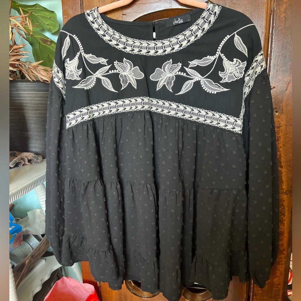Black Embroidered Floral Swiss Dot Blouse Large Cottagecore Boho Hippie